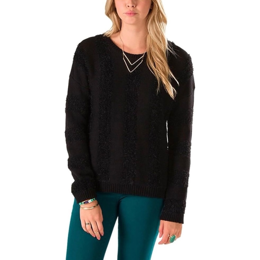 Vans Caylee Knit Crew Neck Sweater in Black with Striped Shaggy Detailing Size M